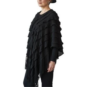 Collectioni Sheen Black Knit Ruffle Fringe Poncho Shawl One Size